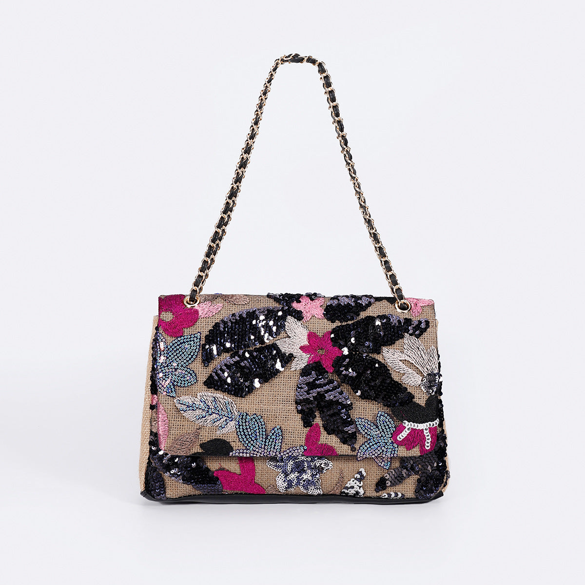 Embroidered Sequin Shoulder Bag – Straw Woven & Spacious