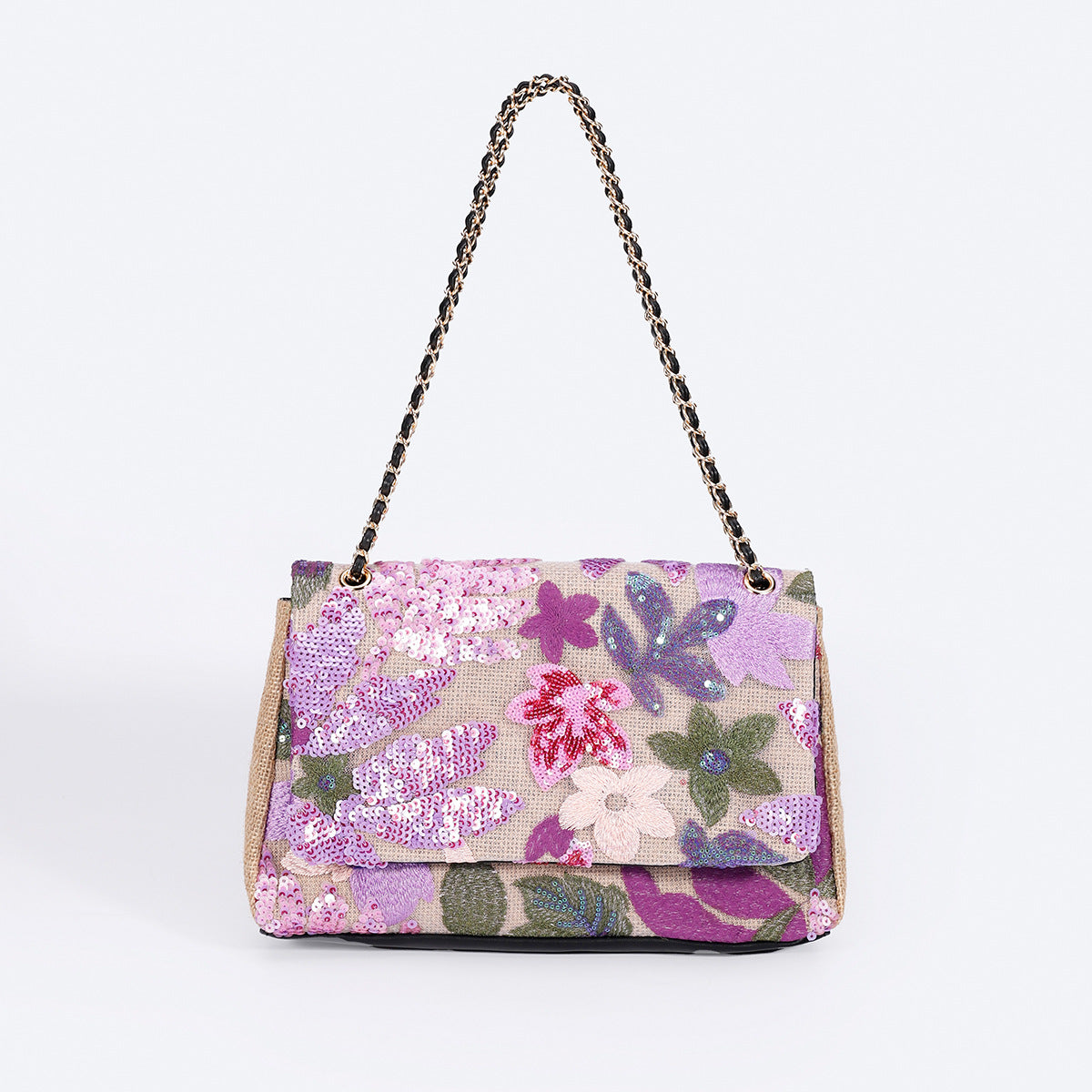 Embroidered Sequin Shoulder Bag – Straw Woven & Spacious