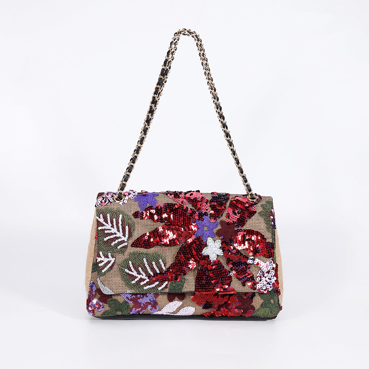 Embroidered Sequin Shoulder Bag – Straw Woven & Spacious