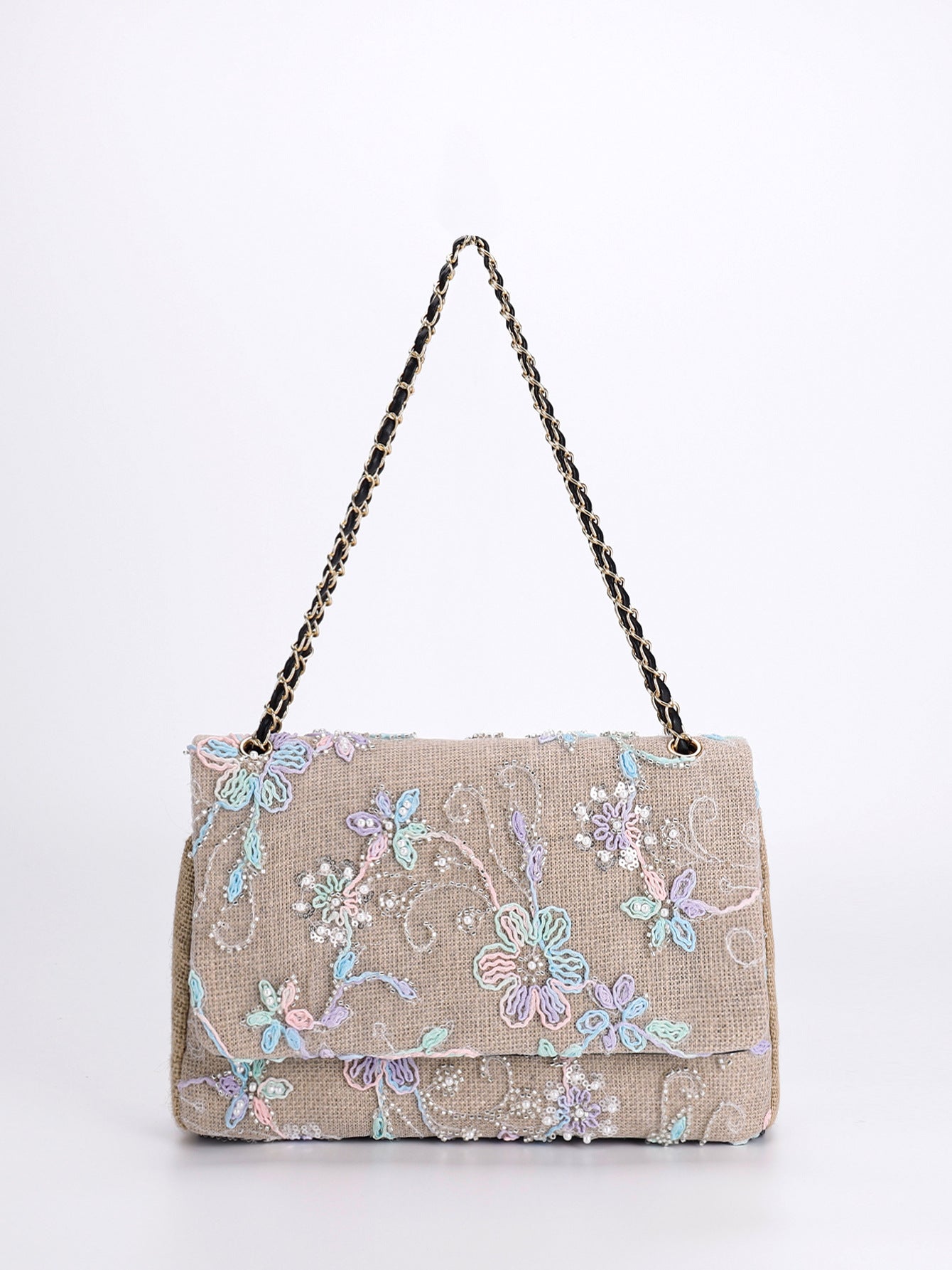 Embroidered Sequin Shoulder Bag – Straw Woven & Spacious