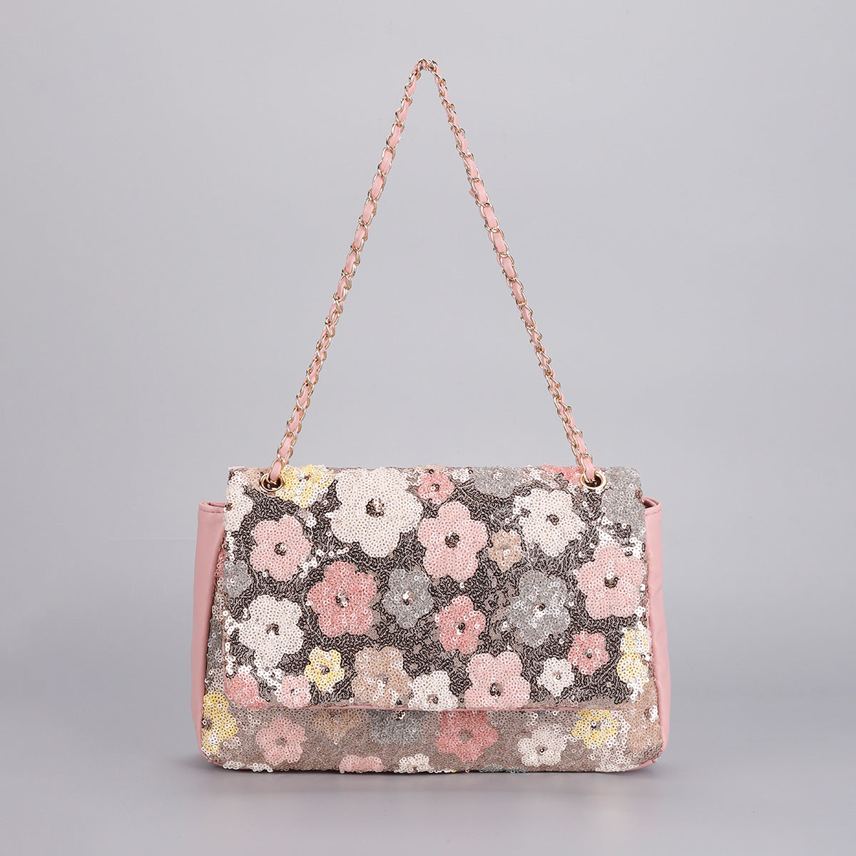 Rose Chain Crossbody Bag – Embroidered Denim & Floral Hearts