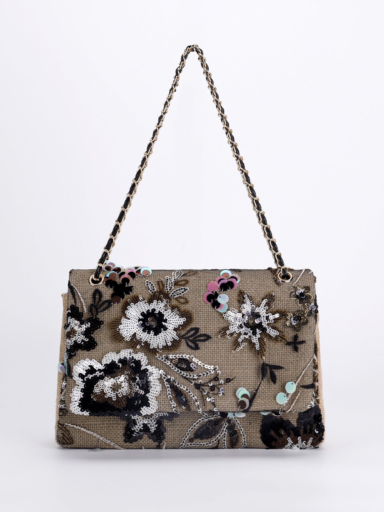 Embroidered Sequin Shoulder Bag – Straw Woven & Spacious