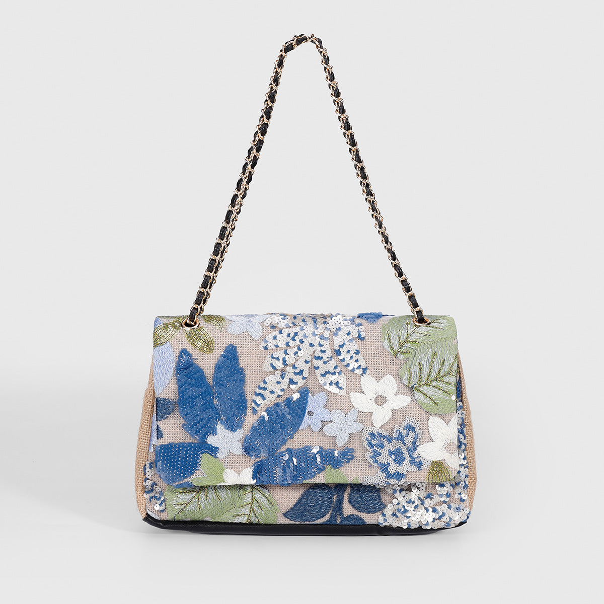 Embroidered Sequin Shoulder Bag – Straw Woven & Spacious