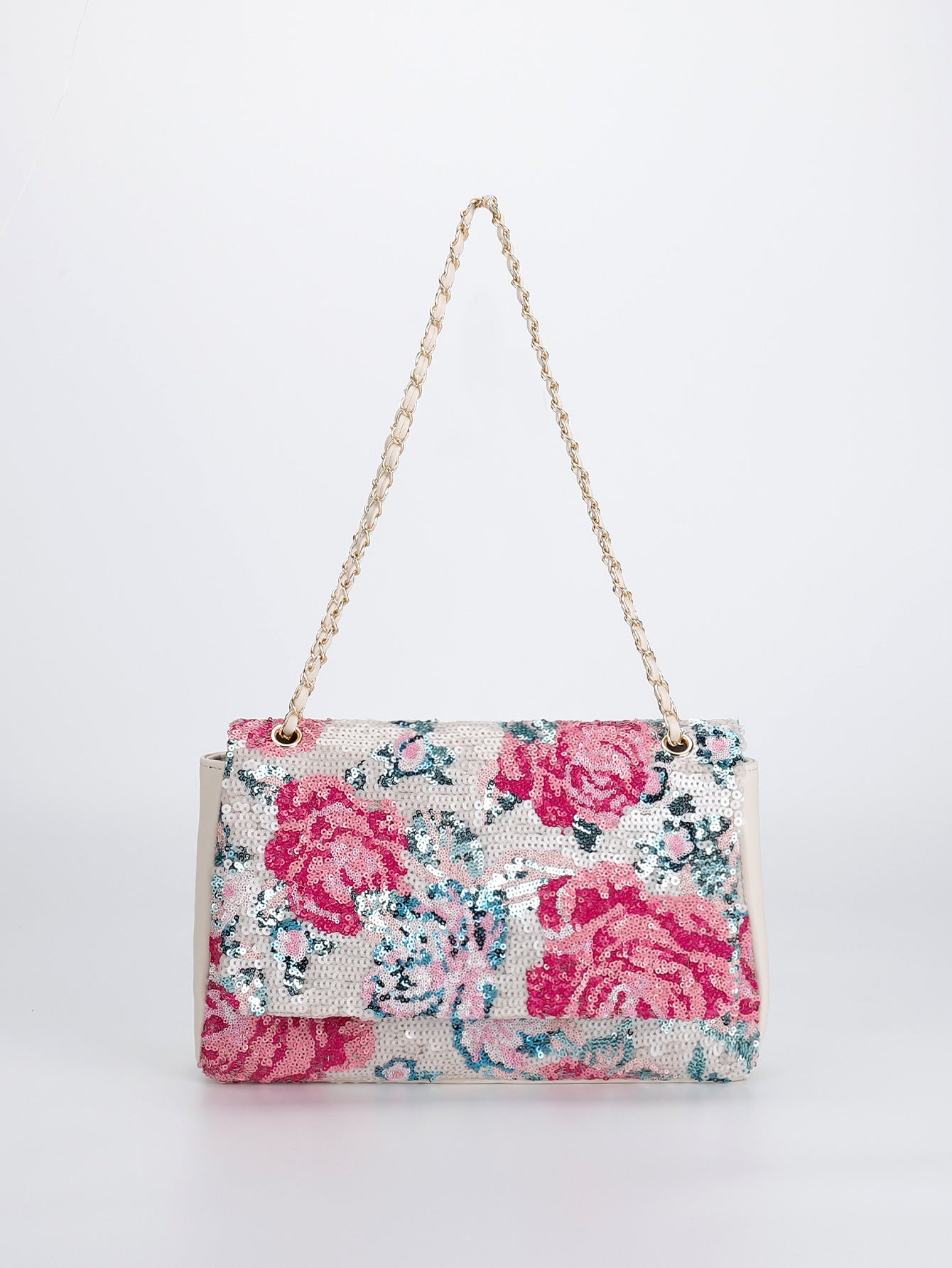 Rose Chain Crossbody Bag – Embroidered Denim & Floral Hearts