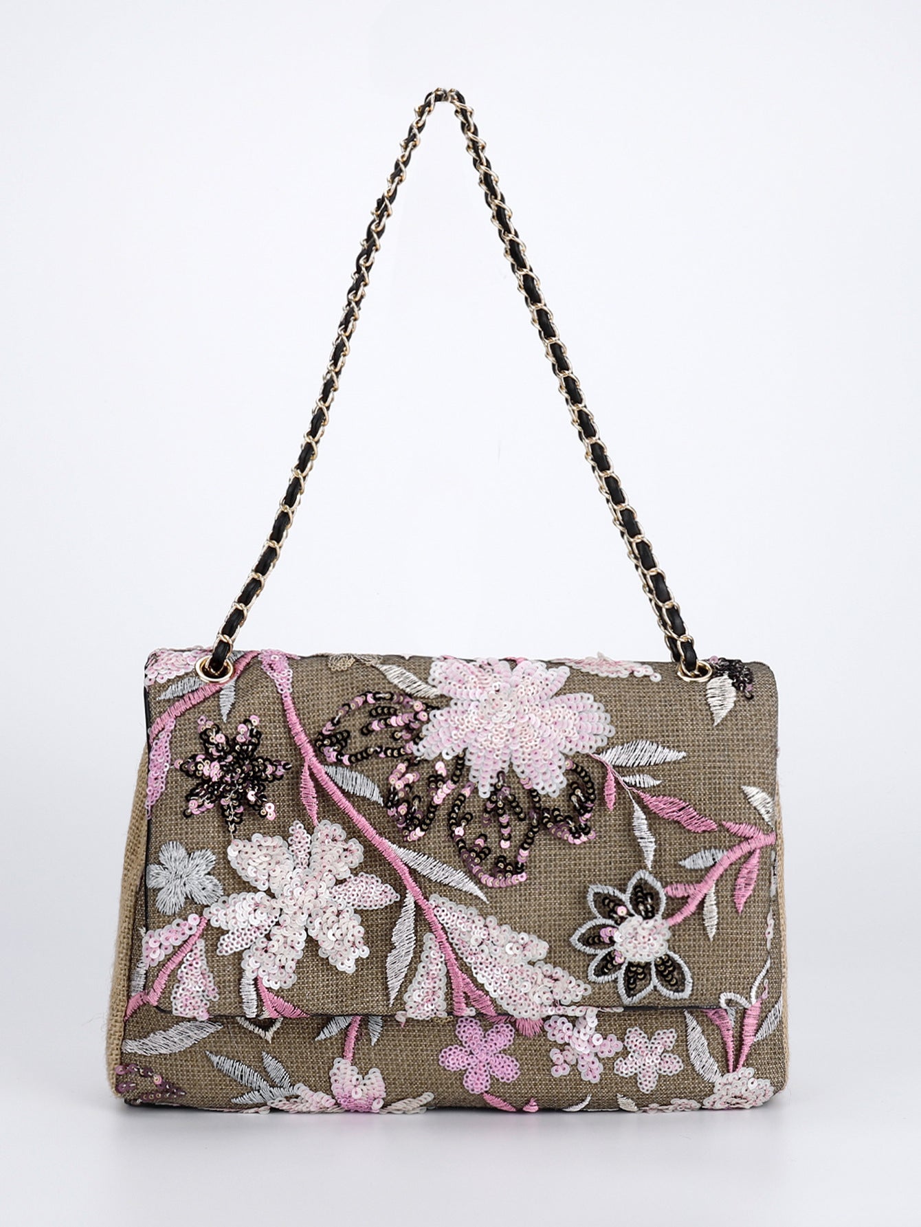 Embroidered Sequin Shoulder Bag – Straw Woven & Spacious