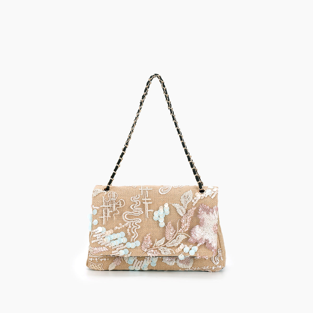 Embroidered Sequin Shoulder Bag – Straw Woven & Spacious