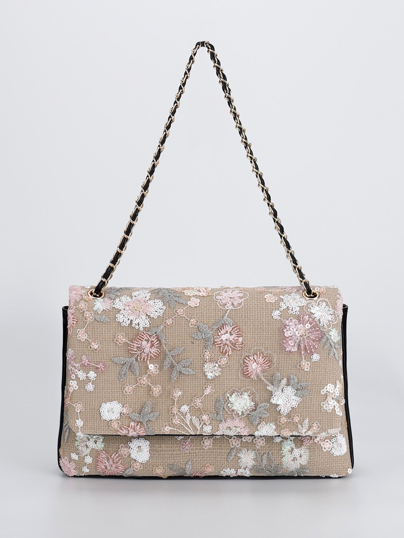 Embroidered Sequin Shoulder Bag – Straw Woven & Spacious