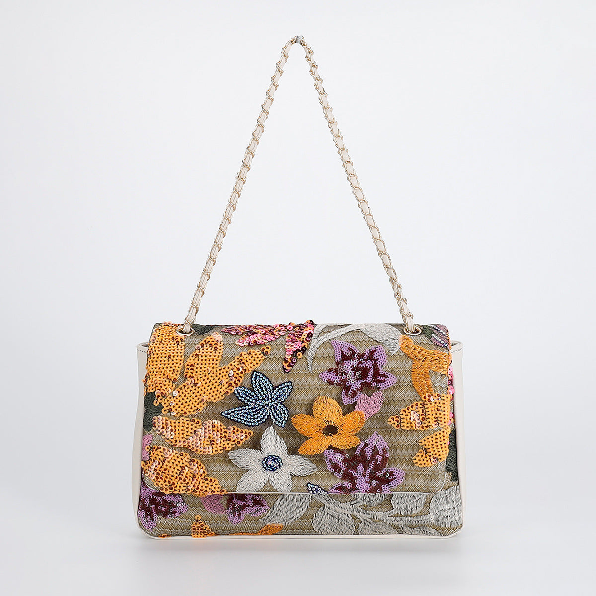 Rose Chain Crossbody Bag – Embroidered Denim & Floral Hearts